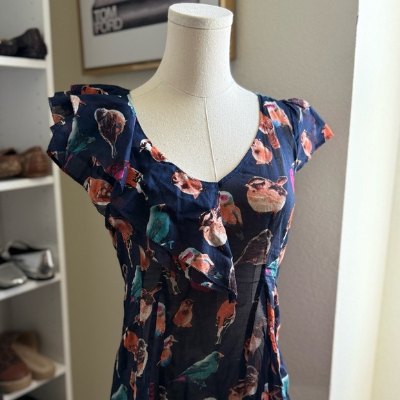 Anthropologie Meadow Rue Animal Kingdom Blue Bird Print Short Sleeve Top Size 6 - Picture 7 of 11